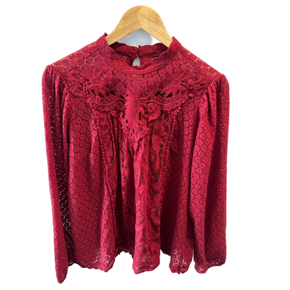 Torrid Mixed Lace High Neck Top Blouse Size 1X Plus Size Victorian Whimsical Red - Picture 3 of 12